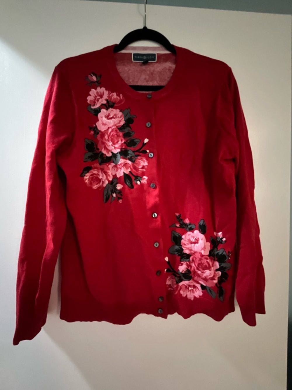 Karen Scott Red Floral 100% Cotton Button Cardigan